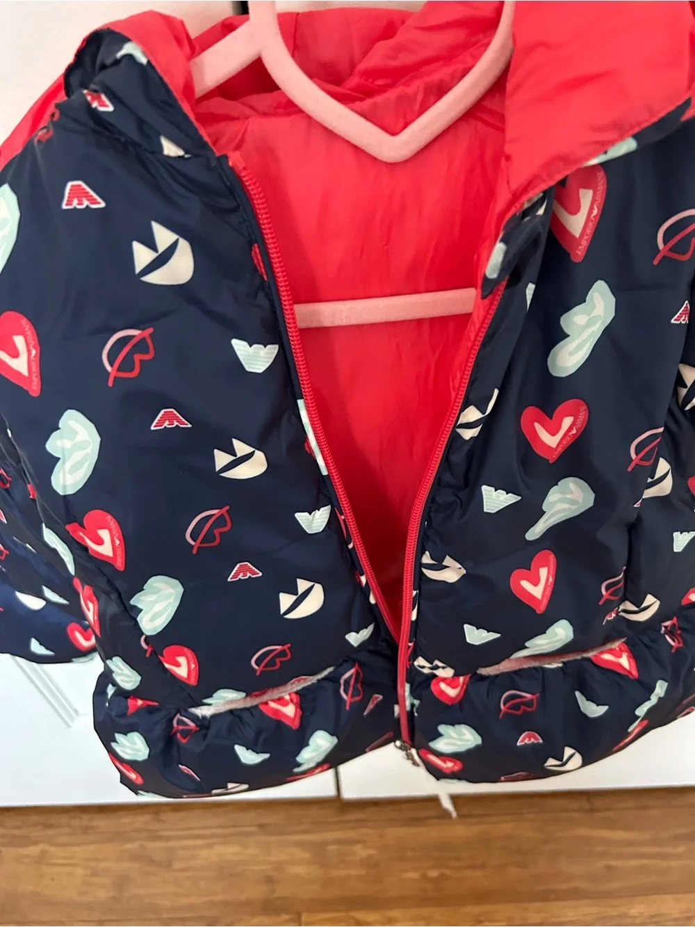 Emporio Armani Navy Puffer Jacket with Heart Print